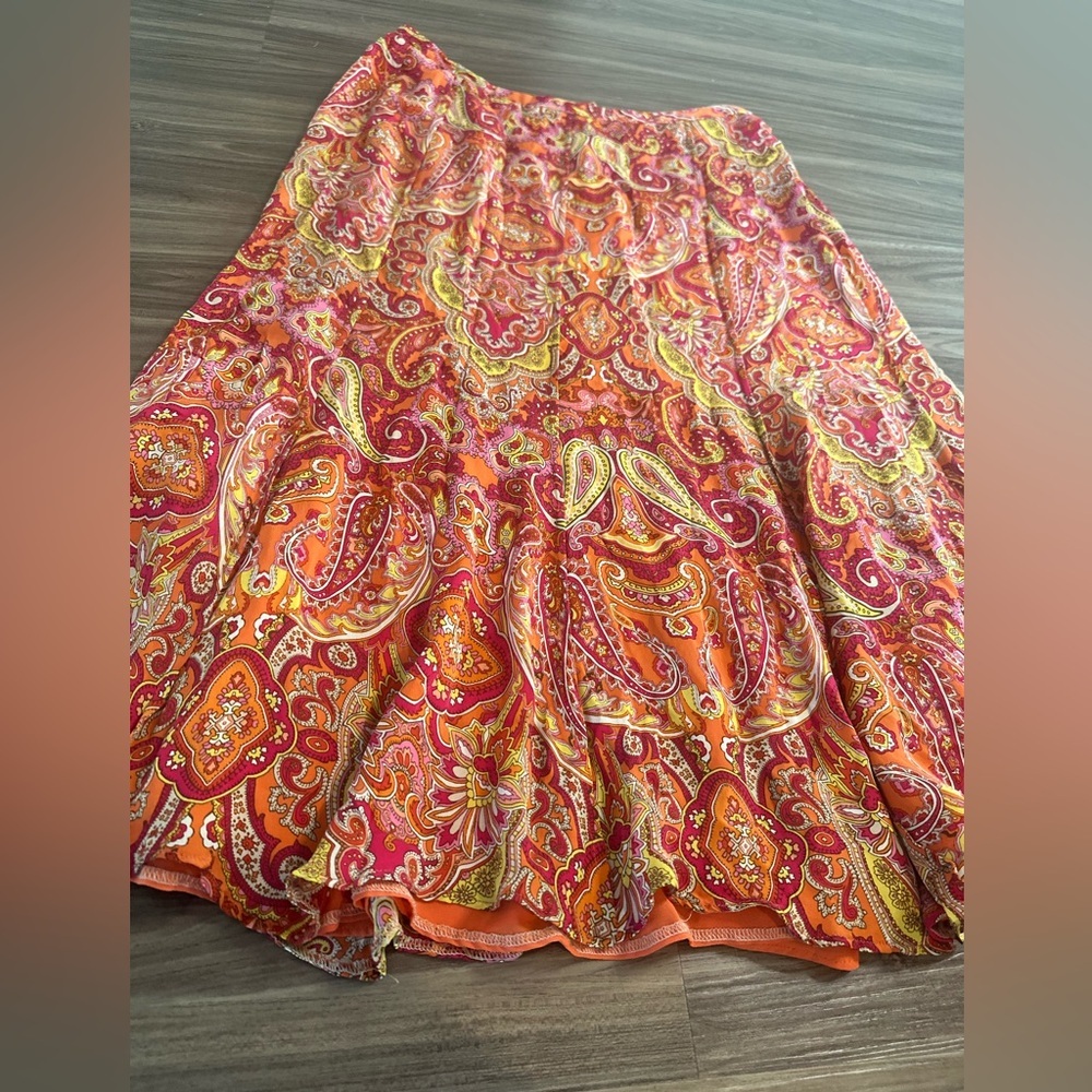 Talbots 100% Silk Paisley‎ A-Line Skirt Orange Pink Yellow Size 14W - Picture 3 of 14